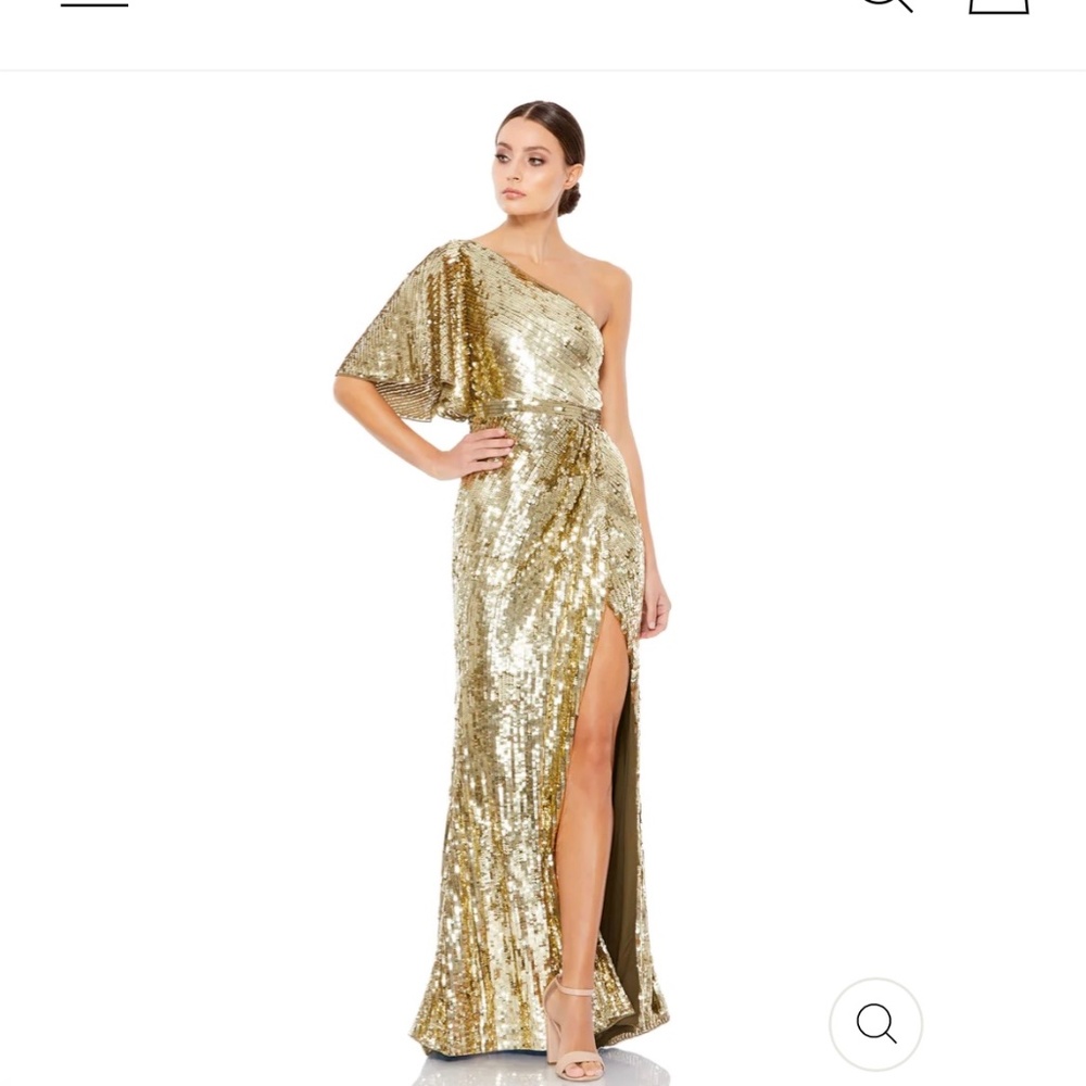 Mac Duggal One Shoulder Gold Sequin Slit Gown